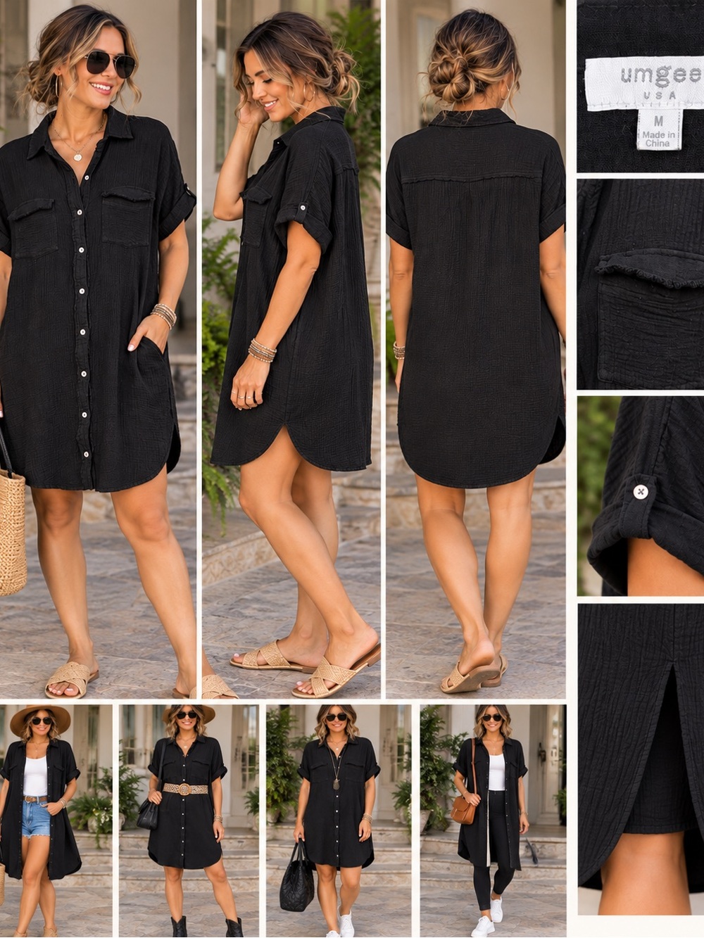 Umgee USA Black Gauze Button Front Midi Shirt Dress Size Medium